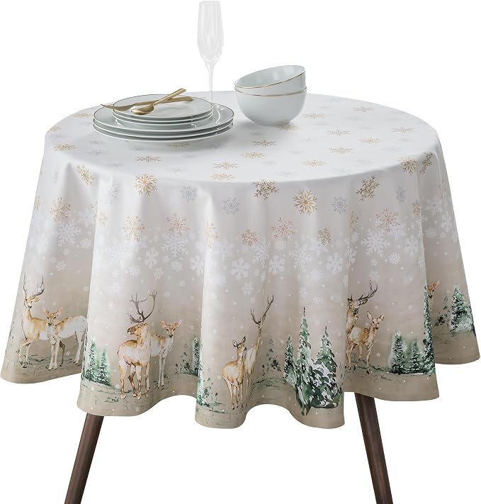 Maison d' Hermine Table Cloth Round Table 100% Cotton 63 Inches Fall Tablecloth Reusable Everyday Use for Thanksgiving Christmas Decorations Dining Farmhouse Party (Deer in The Woods)