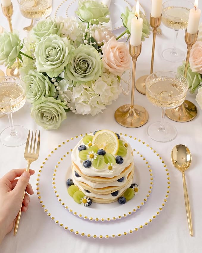 supernal 180Pcs White and Gold Dinnerware Set,Premium Heavy Duty White Plastic Plates with Gold Beads,White Disposable Plates with Plastic Silverware and 10oz Cups for Wedding/Party/Valentine's Day