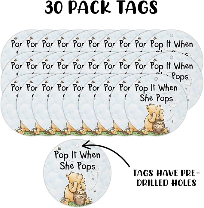 Honey Bear Pop It When She Pops Pooh 30pk 2.5” Hang Tags Champagne Tags for Baby Shower Labels Tie Ribbon On with Holes Butterly
