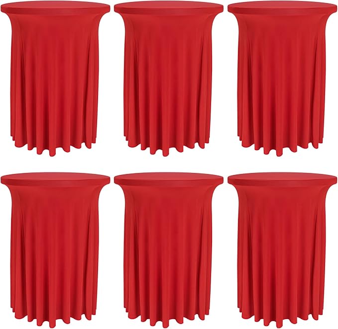 Fivenl 6 Pack Round Cocktail Tablecloth 32"x 43" Spandex Cocktail Table Skirt, Washable Stretch Fitted Table Covers for High Top Bar,Wedding,Party,Events (Red)
