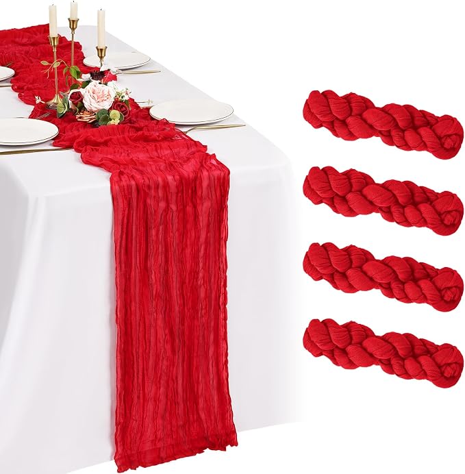 4 Pack Cheesecloth Table Runner 10FT Red Table Runner Boho Gauze Cheese Cloth Table Runners Long Rustic Sheer Table Decorations for Wedding Party Baby Bridal Shower Birthday Holiday Home