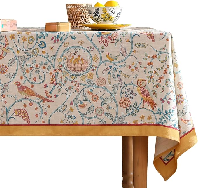 patdrea Vintage French Linen Tablecloth,Rectangular,71"x55"-Magnolia | Colorful Elegant Table Cloth for Rectangle Table,Yellow Floral Bird Print,Dining Room Tea Party Decoration,Durable