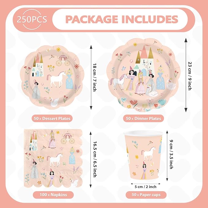 250Pcs Princess Birthday Party Decorations Pink Fairytale Plates Napkins Cups Scalloped Edge Disposable Tableware Set for Girls' Princess Themed Birthday Baby Shower Party Supplies Serves 50
