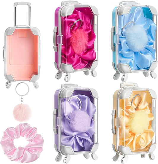 LemonRoad 15 Pcs Mini Suitcase Empty Storage Box and Plush Ball Keychain Candy Luggage Containers Packaging Case for Galentine Bridal Shower Baby Shower Party Favors Travel Gifts (Multicolor)