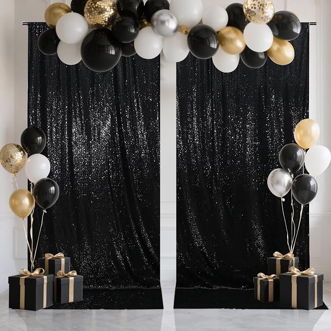 SquarePie 2 PCS 4x10ft Black Sequin Backdrop for Photography, Extra Long Satin-Backed Real Sequin Curtain, High-Density Shimmering Background with 4" Rod Pocket for Wedding Ceremony, 2 Panels