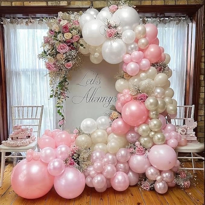 Pearl Pink White Balloon Arch, Double Stuffed Light Pastel Pink Cream White Sand Balloon Garland Kit for Baby Shower Birthday Bridal Wedding Mother's Day Party Decorations