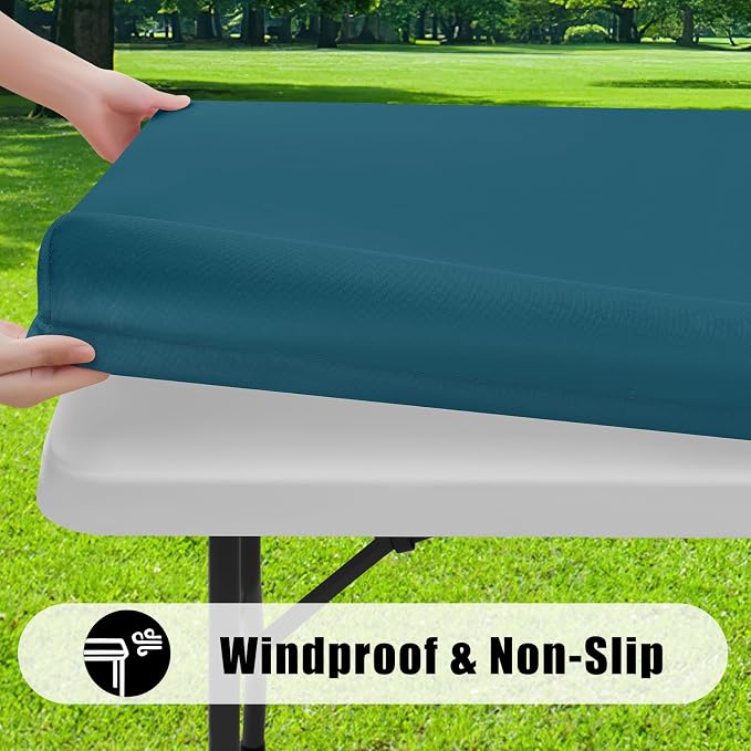 Smiry 6 Pack Rectangle Picnic Table Cloth, Waterproof Elastic Fitted Tablecloths, Washable Polyester Rectangular Patio Table Cover for Camping, Indoor and Outdoor (Peacock Blue, 30"x96")