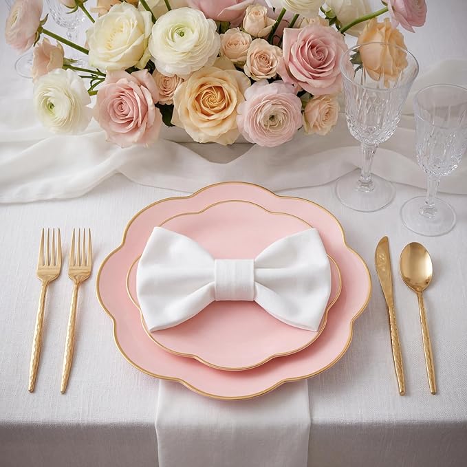 LIYH 150 Pcs Pink Dinnerware Set Pink Plastic Plates and Gold Silverware Set Gold Flower Edge Design Flower Plates Suitable for Wedding Birthday Bridal Shower(30 Guests)