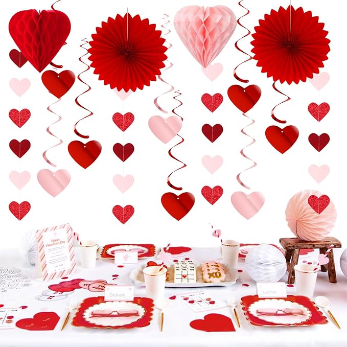 Galentines Party-Decoration Valentines Heart Garland - 25pcs Red Rose-Gold Paper Streamers Honeycomb Fans XOXO BEMINE Banner, Anniversary Baby Shower Wedding Love Hanging Supplies Decor Hugfond