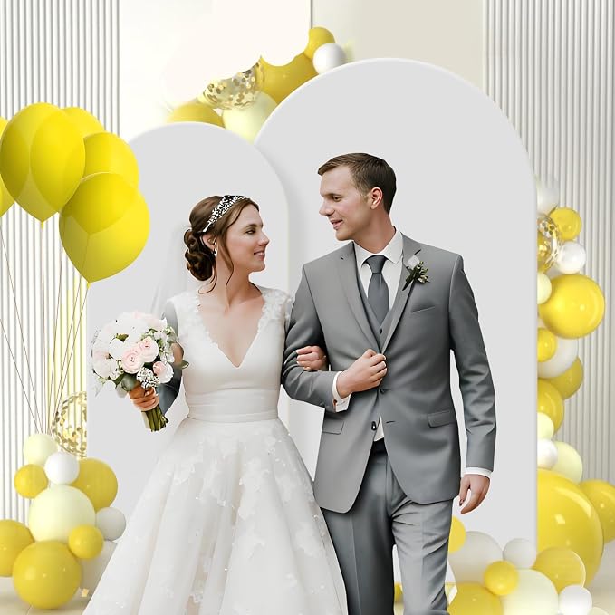Gawicpy Wedding Arch Backdrop Stand Set Metal Arch Backdrop Stand with Wedding Arch Cover, Wedding Balloon Arch Backdrop Stand for Birthday, Baby Shower, Anniversary (White, 5.9FT+7.2FT)
