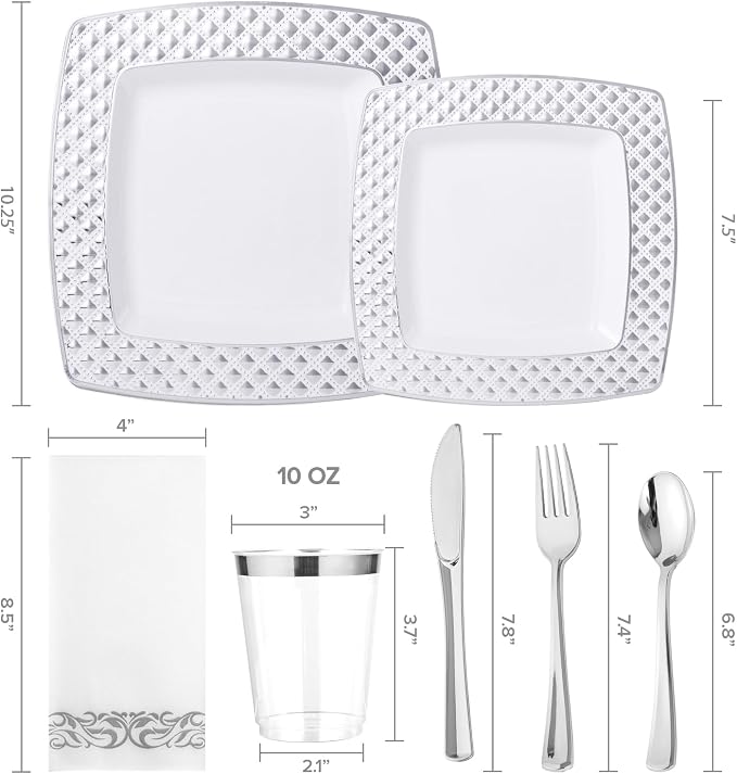 FOCUSLINE 175 Count Silver Dinnerware Set for 25 Guests, Disposable Square Plastic Plates with Diamond Rim, Includes 25 Dinner & Dessert Plates, Napkins, Cups, Cutlery Set for Wedding Parties