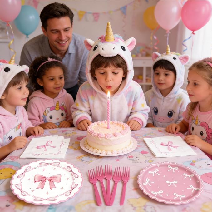 Pink Bow Party Supplies Set for 24 Guests, 96PCS Pink Disposable Tableware Set Includes Plates, Napkins & Forks, Aesthetic Baby Shower Birthday Bridal Shower Girl Party Decorations