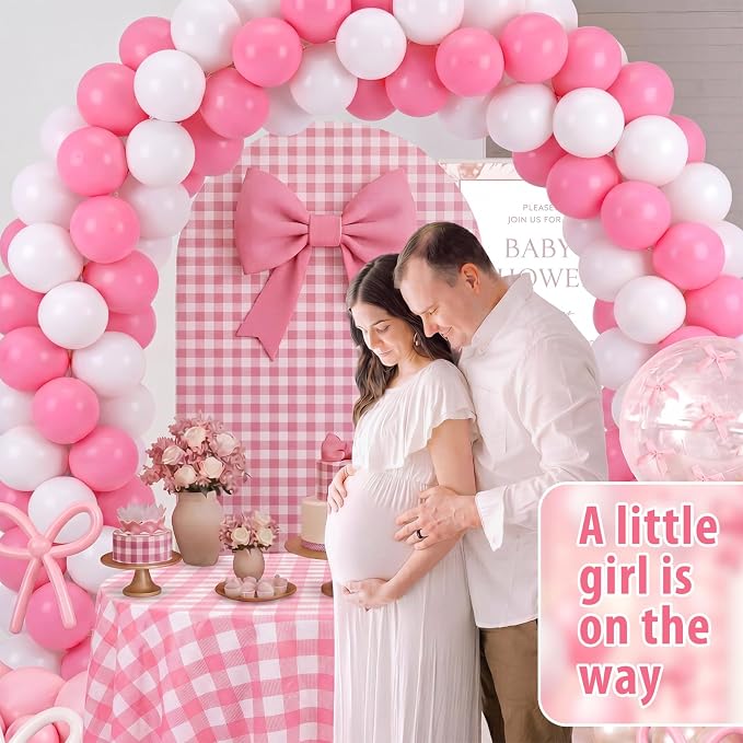 Lunmon 160 Pcs Pink Gingham Decorations Coquette Birthday Decor Include 7.2 ft Arch Backdrop Covers Large Bows Coquette Gingham Tablecloth 120 Pink and White Balloons and Balloon Stand Clips