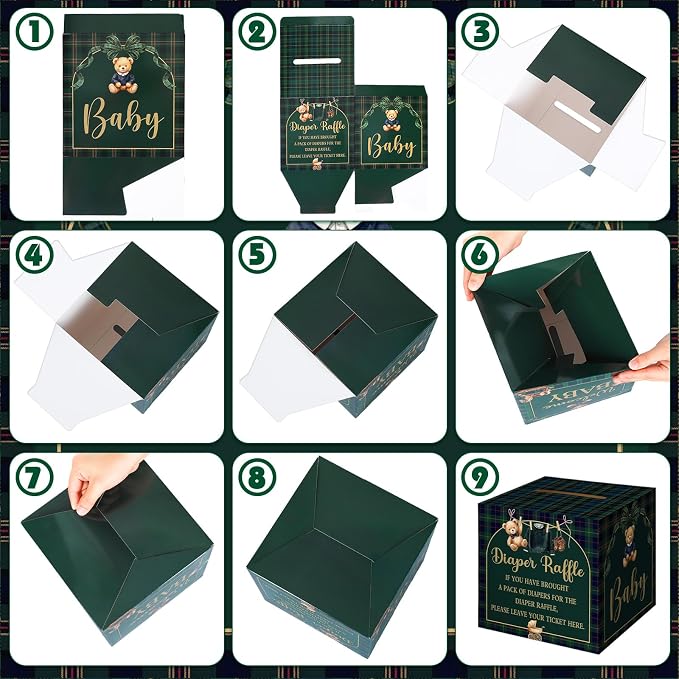 Teling 51 Pieces Diaper Raffle Tickets Box with Card Baby Shower Decorations Gender Reveal Holder Box for Girl Boy Diaper Raffle Party (Blue Green Tartan Plaid We Can Bearly Wait Style)