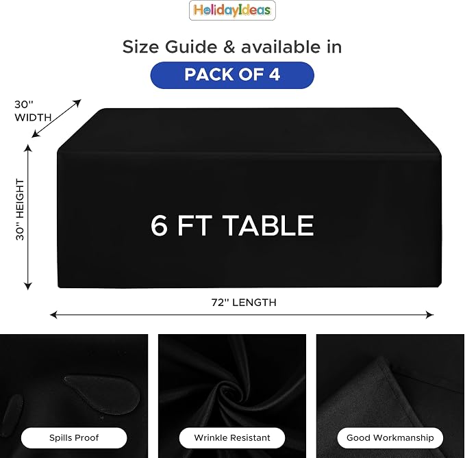 HolidayIdeas 4-Pack 6ft Black Rectangle Craft Shows Fitted Tablecloth | Wrinkle resistant table covers; bulk quantity pack for professional trade exhibition displays or vendor booths