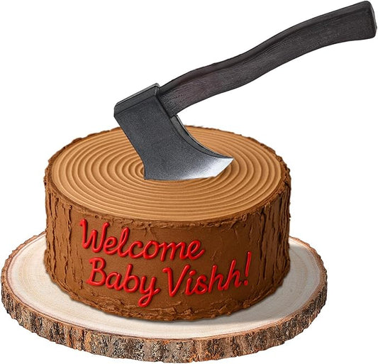 Beeveer 2 Pcs Cake Stand and Lumberjack Axe Wooden Slice Centerpiece with Soft Foam Hatchet for Halloween Farmhouse Woodland Themed Birthday Party Decor