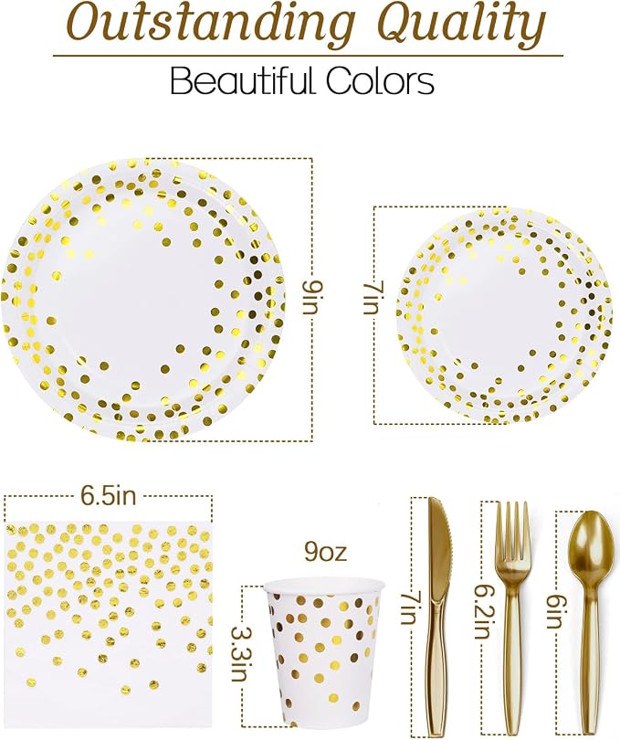 350 Pieces Party Supplies, White and Gold Dots Party Plates Cups and Napkins Sets with Plastic Knives forks spoons, Disposable Tableware Serves 50 Sets for Wedding, Birthday, Graduation, Festivals