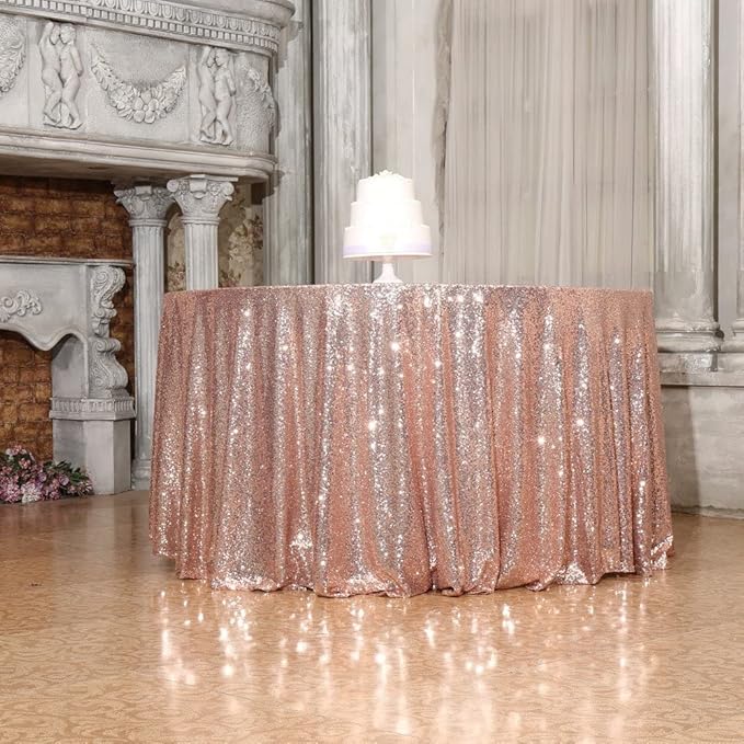 Juya Delight Rose Gold Sequin Tablecloth Round 50-Inch for Wedding Birthday Party Festival Dessert Table Decoration
