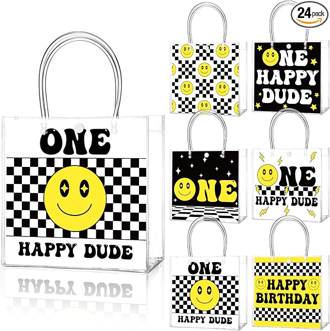 Teenyyou 24 Pcs One Happy Dude Clear Gift Bags with Handles One Happy Dude Party Favor PVC Goodie Treat Candy Tote Plastic Gift Bags for 1st Birthday Party Decor