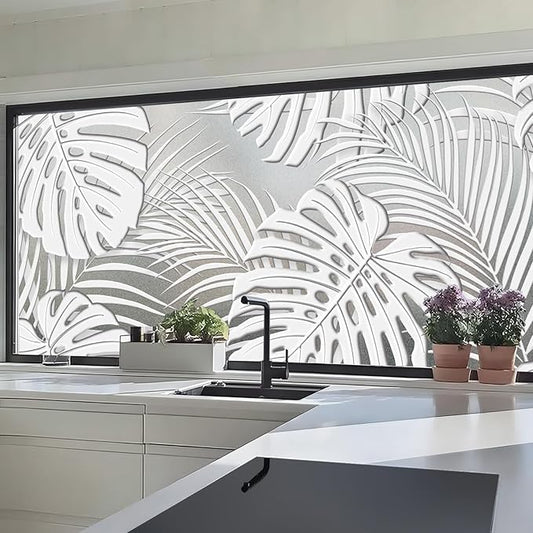 Faux 3D Frosted Tropical Window Privacy Film for Glass Door and Window, 29.53"x68.90" 3D-Monstera Leaves