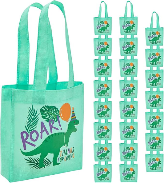BLUE PANDA 24-Pack Small Dinosaur Tote Party Favor Bags - 6.5 x 7 x 1.8 in Green Non-Woven with Handles - Reusable Dino Goodie & Gift Bags for Kids Birthday - Dinosaur Birthday Decorations