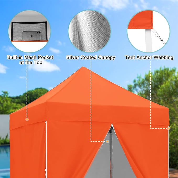 5x5 Pop Up Canopy Tent with Four Sidewalls, Instant Portable Beach Canopy, Outdoor Tent with Carry Bag for Camping, Sports, Tailgating, Events, Orange