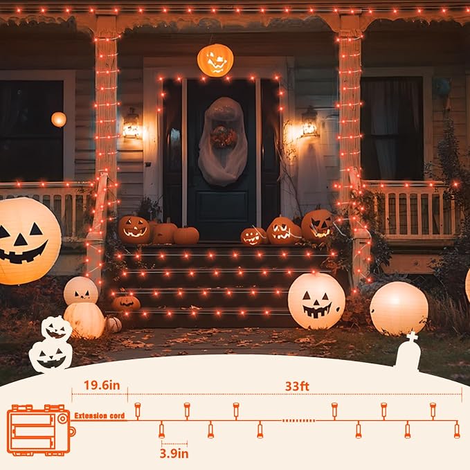 QITONG 2 Pack Orange Battery Operated Halloween Lights, Each 33ft 100 LED String Lights Outdoor Waterproof with Remote, Clear Wire Christmas Twinkle Lights with 8 Modes Indoor