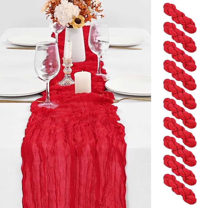 10 Pack Red Table Runner 10Ft Cheesecloth Table Runner Boho Gauze Cheese Cloth Table Runners Romantic Long Sheer Fabric Table Runners for Wedding Party Bridal Shower