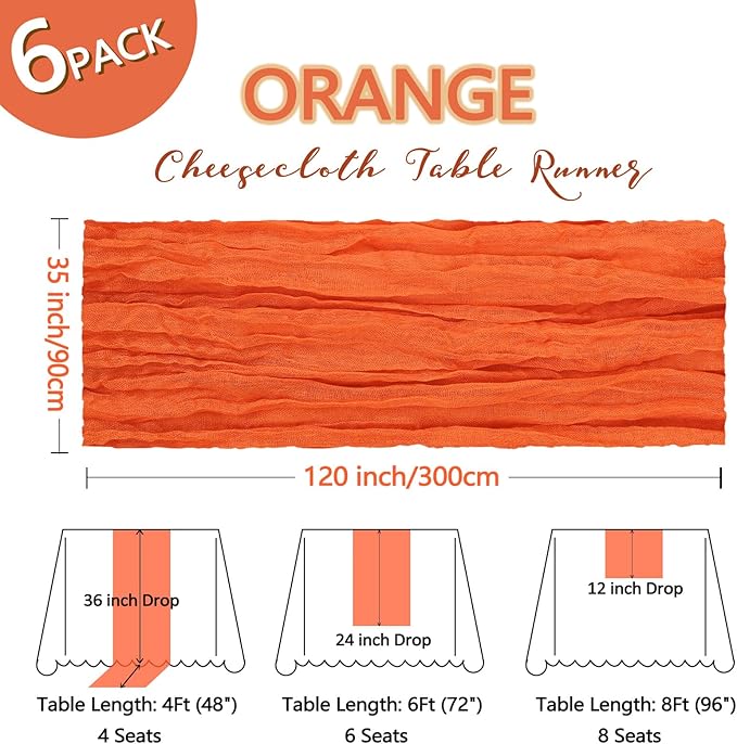 6 Pack Orange Cheesecloth Table Runner 10Ft Spring Gauze Cheese Cloth Table Runner 35x120 Inch Boho Sheer Rustic Fabric for Party Decor Baby Shower Wedding Holiday Decorations
