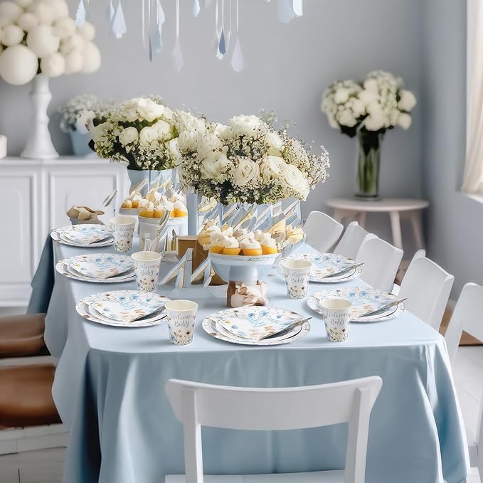 Pickmesh 250 Pcs Blue Floral Baby Shower Party Supplies Decorations Serve 50 Wildflower Welcome Baby Disposable Paper Plates Napkins and Cups for Birthday Babies Boy Shower Gender Reveal Party Decor