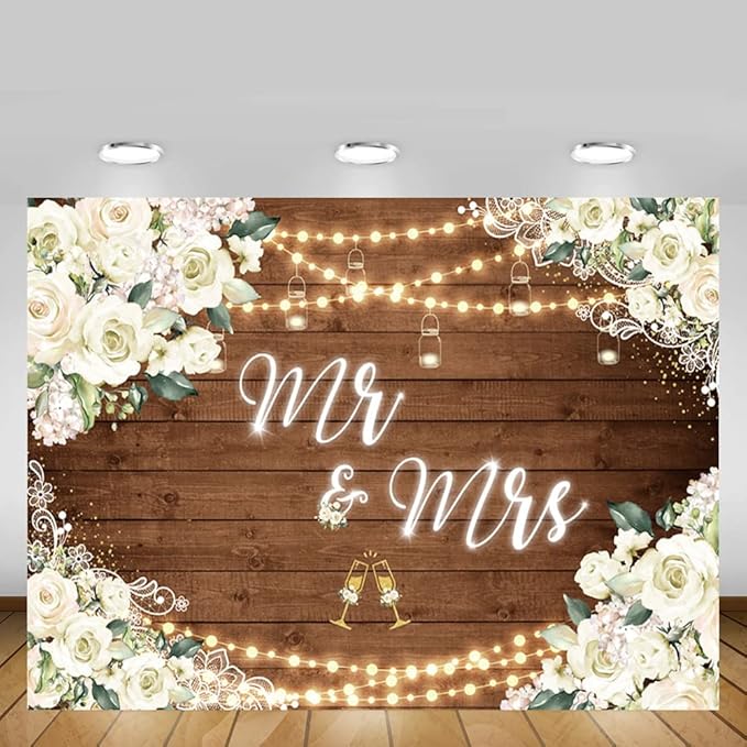 MEHOFOND 8x6ft White Floral Mr & Mrs Engagement Decorations Backdrop Couples Wedding Wooden Background Bride and Groom Engaged Ceremony Anniversary Bridal Shower Party Supplies Photobooth Props