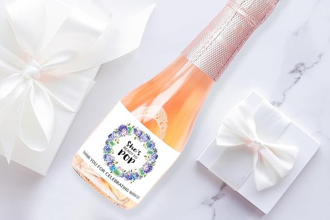 It’s a Boy Mini Champagne Bottle Labels ● SET of 12 ● She’s Ready To POP Baby Shower Favor Label, About to POP Thank You Favors, Blue Boy Baby Shower Gender Reveal Waterproof (Vine)