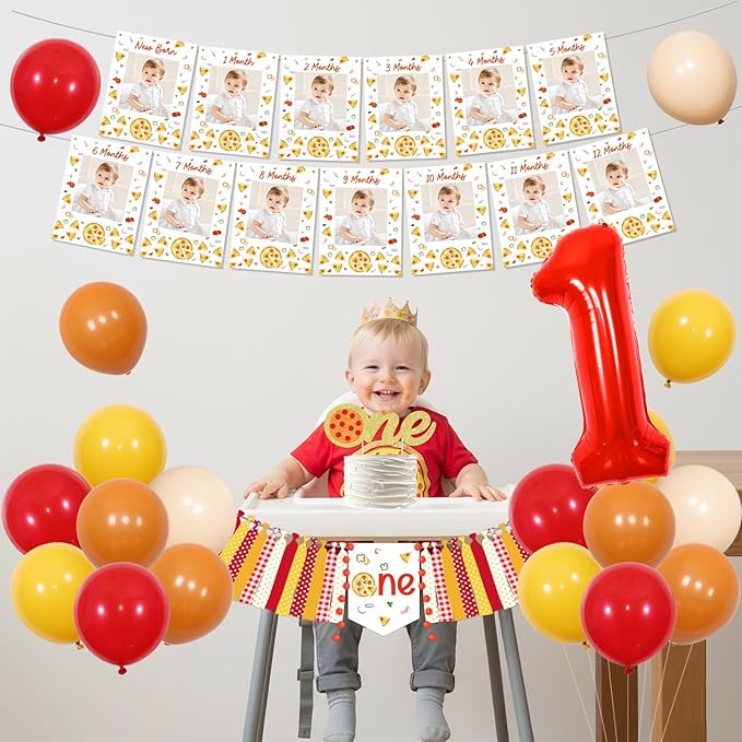 Pizza 1st Birthday Party Decorations - Pizza Theme 1st Birthday High Chair Banner and Photo Banner Slice of Fun Backdrop Fast Food Pizza Cake Topper Red Yellow Balloons for Kids First Bday Supplies