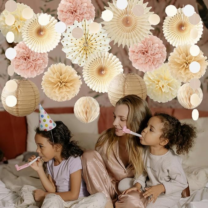 Dusty Pink Boho Party Decorations Pink and Beige Birthday Baby Shower Decorations Paper Fans Paper Pom Poms Lanterns for Women Girl Rustic Bachelorette Wedding Decor