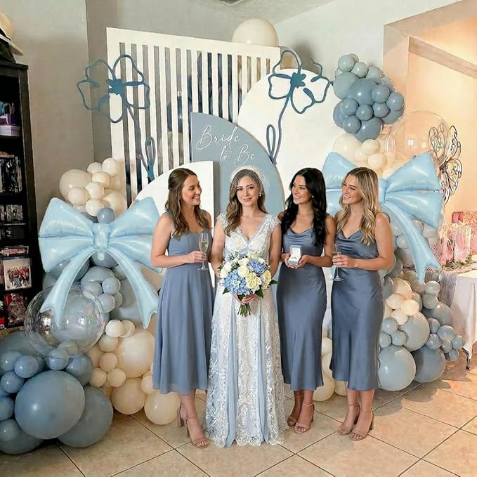 Dusty Blue Balloon Garland Arch Kit, 107PCS Dusty Fog Blue and White Balloons with Bow Balloon Decor for Coquette Birthday Baby Bridal Shower Wedding Party Decorations