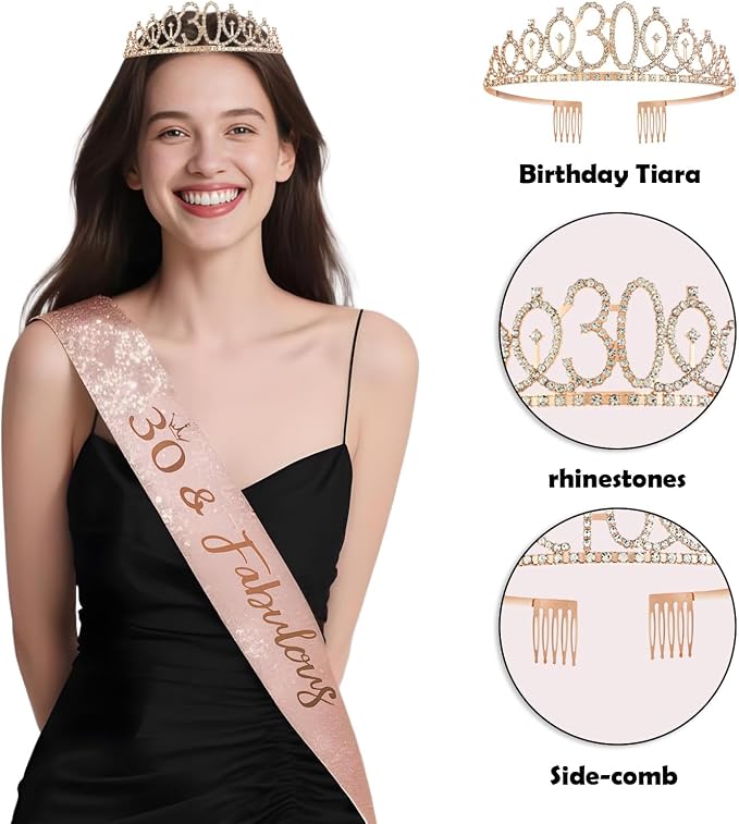 Happy 30th Birthday Decorations for Her, Black Rose Gold 30 Years Old Decor for Women Include Sash and Crown, 30pcs Balloons Banner 40" Number Balloons, Backdrop Cake Topper & Paper Pom Poms