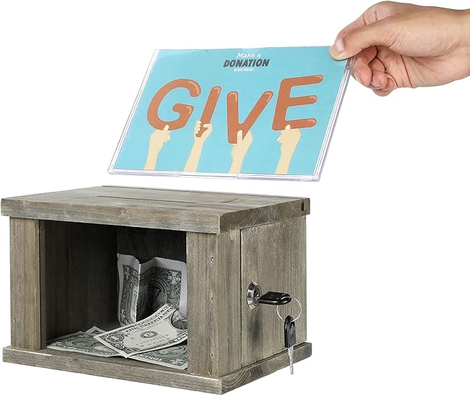 MyGift 2 Pcs Suggestion Box, Tip Jar, Comment Box and Money Donation Collection with Lock, Key, and Interchangeable Acrylic and Chalkboard Sign Holder, Vintage Gray Brown Solid Wood