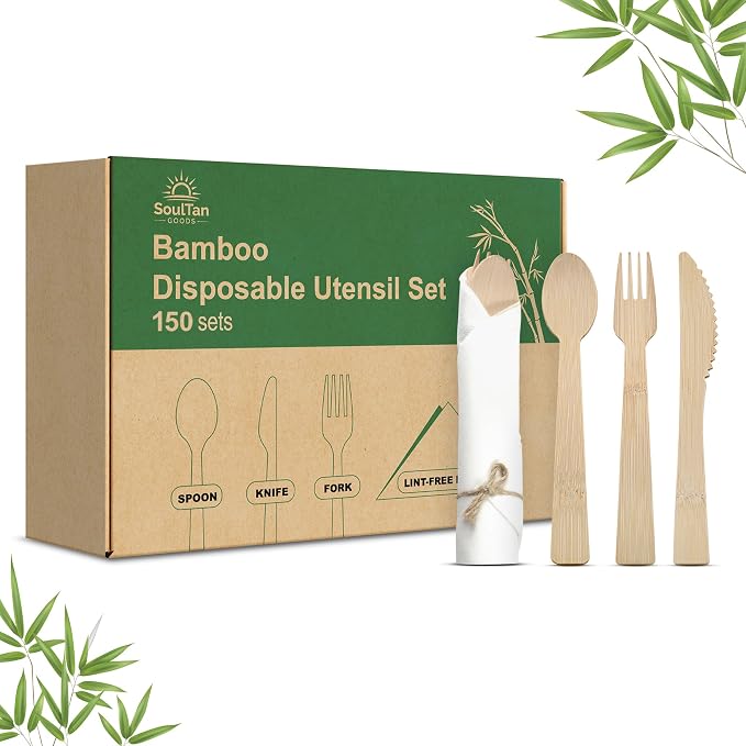 Prerolled Disposable Bamboo Cutlery Set – 150 Pack Pre Wrapped Silverware and Napkin Bundle with Forks, Knives, Spoons for Parties, Weddings, Events, and BBQ (Natural - Beige String)