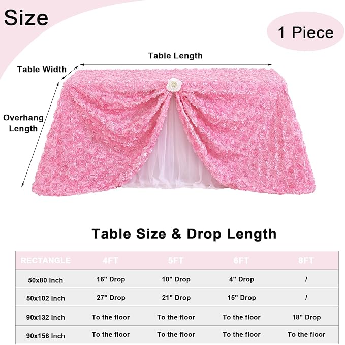 Fanqisi Baby Shower Tablecloth 50x102 Inches Pink Tablecloth Rectangle Satin Overlay Rosette Tablecloth 3D Floral for Wedding Party Event
