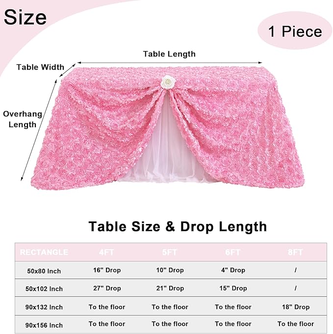 Fanqisi Pink Rosette Tablecloth 50x80 Inches Wholesale Rectangle Table Cover Rosette 3D Satin Tablecloth for Dinner Wedding Birthday Party Reception Table Decoration