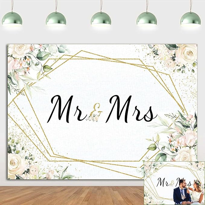 Mr & Mrs White Floral Bridal Shower Backdrop Mr Mrs Wedding Theme Photo Backgrounds 7x5ft Wedding Bride to Be Engagement Photography Backdrops Prom Party Banner Decor Party Banner Photo Booth Prop