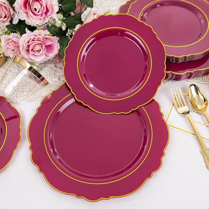 Liacere 350PCS Red Plastic Plates-Disposable Burgundy Red and Gold Plates 50guest Baroque Plastic Dinnerware include 100Plates, 50Pack Pre Rolled Napkins with Silverware 50Cups for Party & Wedding