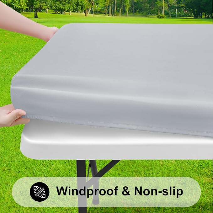 Smiry 3 Pack Rectangle Table Cloth, Elastic Fitted Flannel Backed Vinyl Tablecloths for 8ft Folding Tables, Waterproof Wipeable Table Covers for Outdoor, Camping and Picnic (Light Grey, 30"x96")