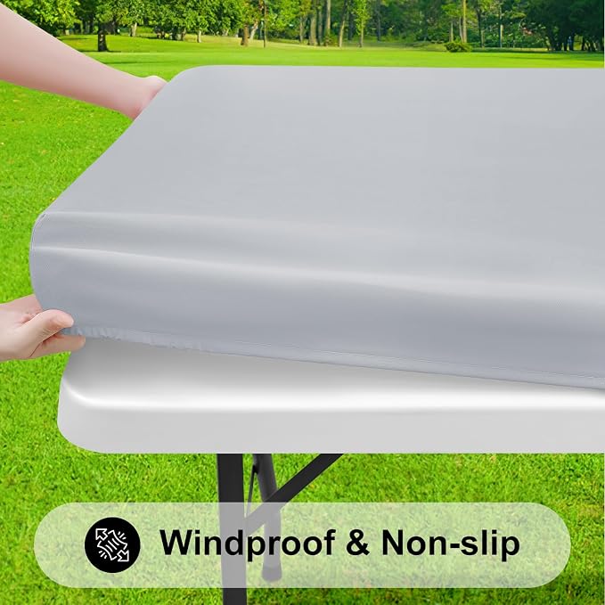 Smiry 3 Pack Rectangle Table Cloth, Elastic Fitted Flannel Backed Vinyl Tablecloths for 4ft Folding Tables, Waterproof Wipeable Table Covers for Outdoor, Camping and Picnic (Light Grey, 24"x48")