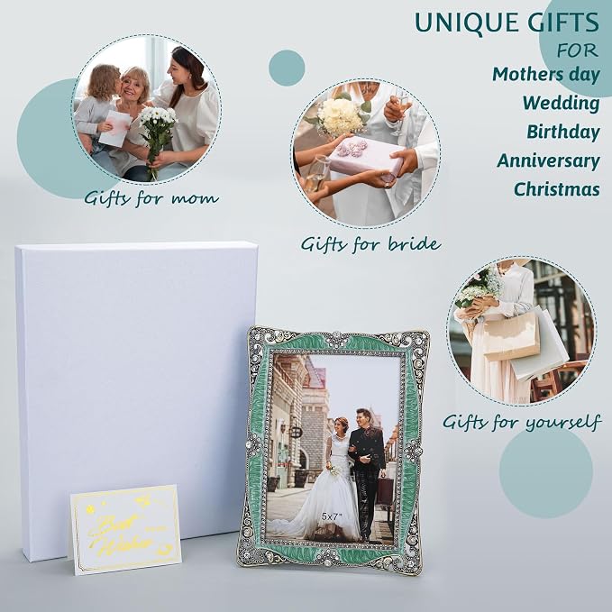 4x6 Vintage Picture Frame with Brass-Green Metal Diamond Decoration,Clear Glass Front Cover,Ornate Antique Art,Unique Gifts for Couple Women Wedding Mothers Day,Horizontally & Vertically