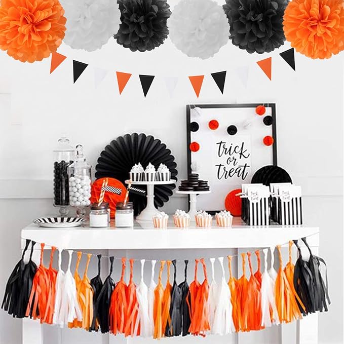 Black White Orange Halloween Party-Decorations - 23pcs Tissue Pom Poms Streamers,Tassel Garland Banner,Graduation 2026 Birthday Wedding Baby Bridal Shower Decor Bunting Lasting Surprise