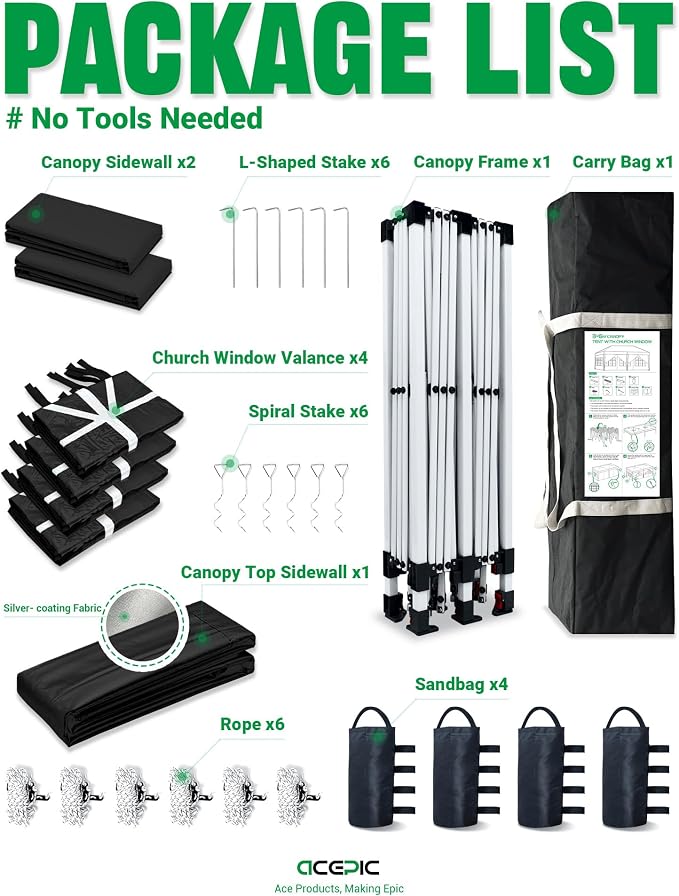Acepic 10x20 Pop Up Canopy with 6 Removable Sidewalls, 2 Central Lock Easy Set-up Outdoor Party Tent, Commercial Tent, Hand Bag x1, Sandbags x4, Stakes x12, Ropes x6 (Black, 10 * 20)
