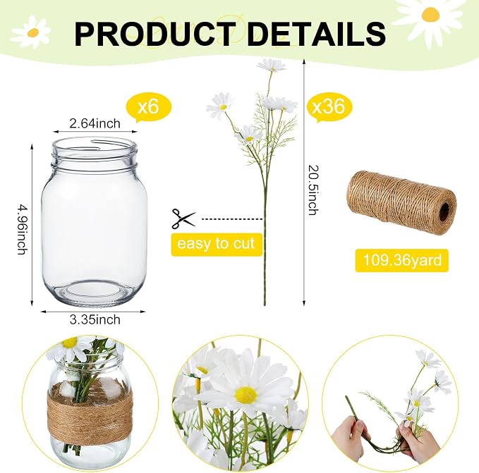 43 Pcs/ 6 Set Daisy Mason Jar Table Centerpiece Mason Jar Vases Faux Floral with Rope Boho Rustic Flower Table Decoration for Reception Engagement Party Bridal Shower Wedding