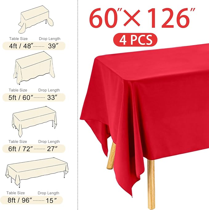 4 Pack Rectangle Tablecloth 60x126 Inch Red Washable Polyester Table Cover for Wedding Dining Table Buffet Parties Banquet Decoration（Red）