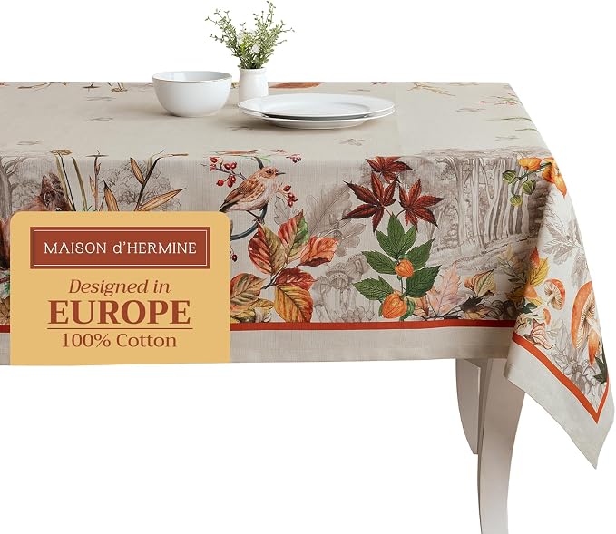 Maison d' Hermine Table Cloth Rectangle Table 100% Cotton 70 x 108 Inches Fall Tablecloth Reusable Everyday Use for Thanksgiving Christmas Decorations Dining Farmhouse Party (Recolte)